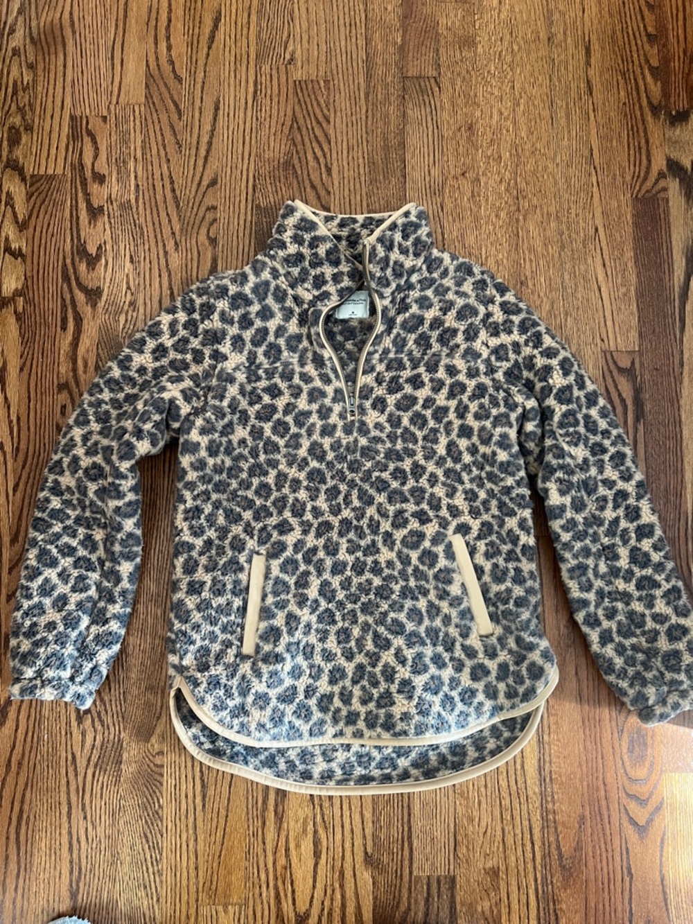 Abercrombie Leopard Print Sherpa Quarter-Zip Pullover - Cream & Brown